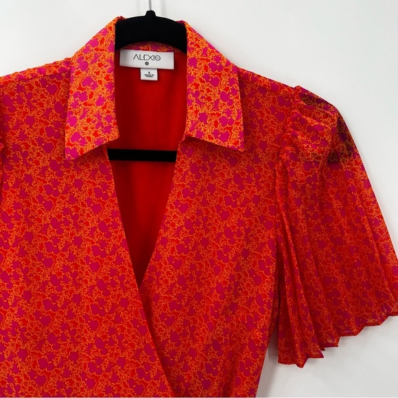 Alexis X Target Wrap Mini Pleated Dress Orange Floral Flower Flutter Sleeve - Picture 11 of 13